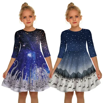 

Christmas dress space galaxy 3D printed dress teen princess dress children's party costume long sleeve Christmas clothes