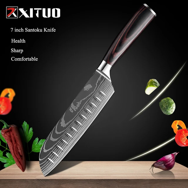 XITUO Chef knife 1-10 Pcs Set Kitchen Knives Laser Damascus Pattern Sharp Japanese Santoku Knife Cleaver Slicing Utility Knife 7 in Santoku