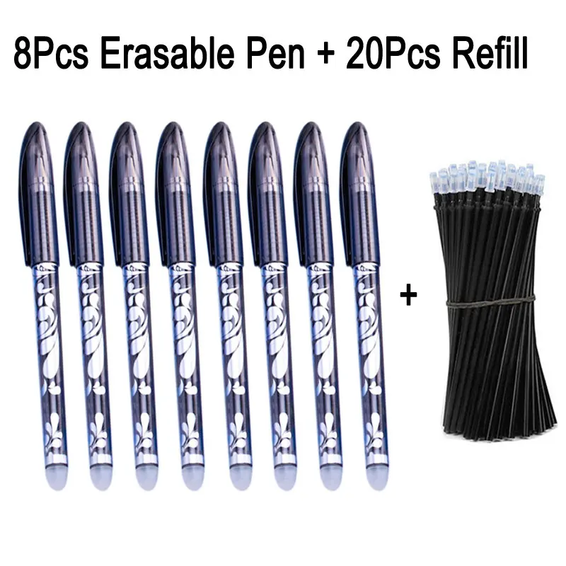 8 black pen 20 ink 8+ 20 шт/набор стираемые гелевые ручки синие чернила 0,5 мм стирающиеся ручки Сменные моющиеся стержни для школы офисные ручки канцелярские инструменты - Color: 8 black pen 20 ink