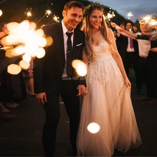 Boho V шеи Тюль Свадебные платья с поясом простой линии Кружева аппликации с открытой спиной Свадебные платья длиной до пола Vestidos Noiva