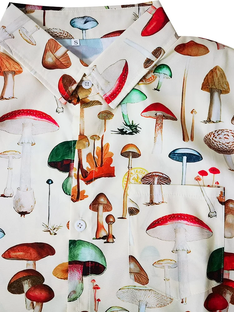 Summer Men Hawaiian Shirts Lapel Chest Pocket Short Sleeve Colorful Element Mushroom Pattern Print Button Up Casual Shirt casual short sleeved shirt,short sleeved shirt,hawaiian shirt