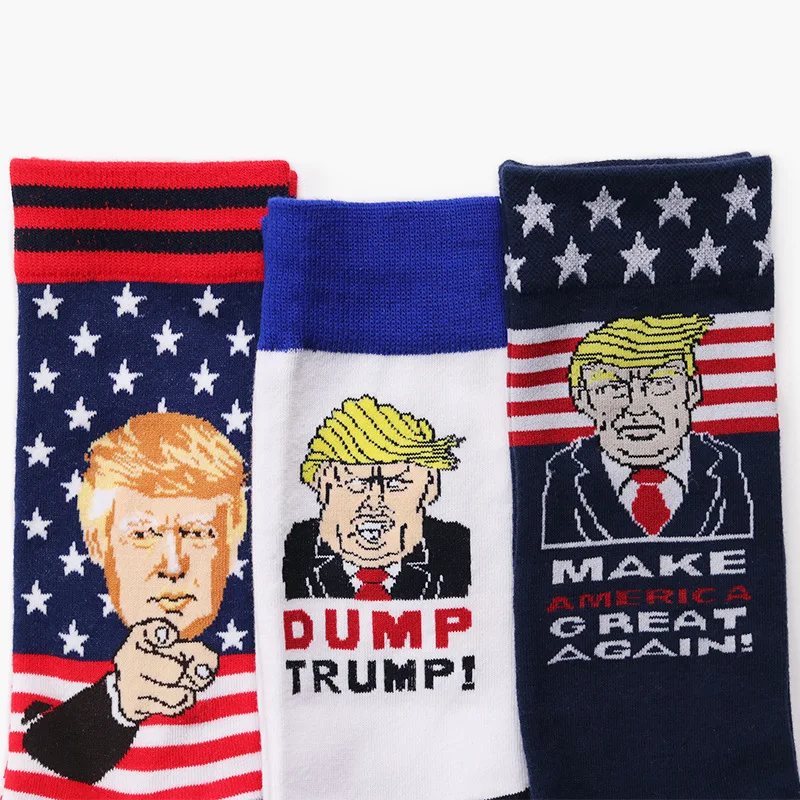 Новинка, хлопковые носки для мужчин и женщин с изображением Дональда Трампа, повседневные носки со звездами в стиле хип-хоп, скейтборд, подарок, высокое качество, дизайнерские, черные, сумасшедшие