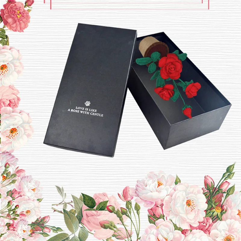 with gift box Вязание Wool Yarn Hand Knitted Pot Flower Artificial Flower Rose Valentine's Day Gift For Lovers Christmas Home Desk Decoration - Цвет: with gift box