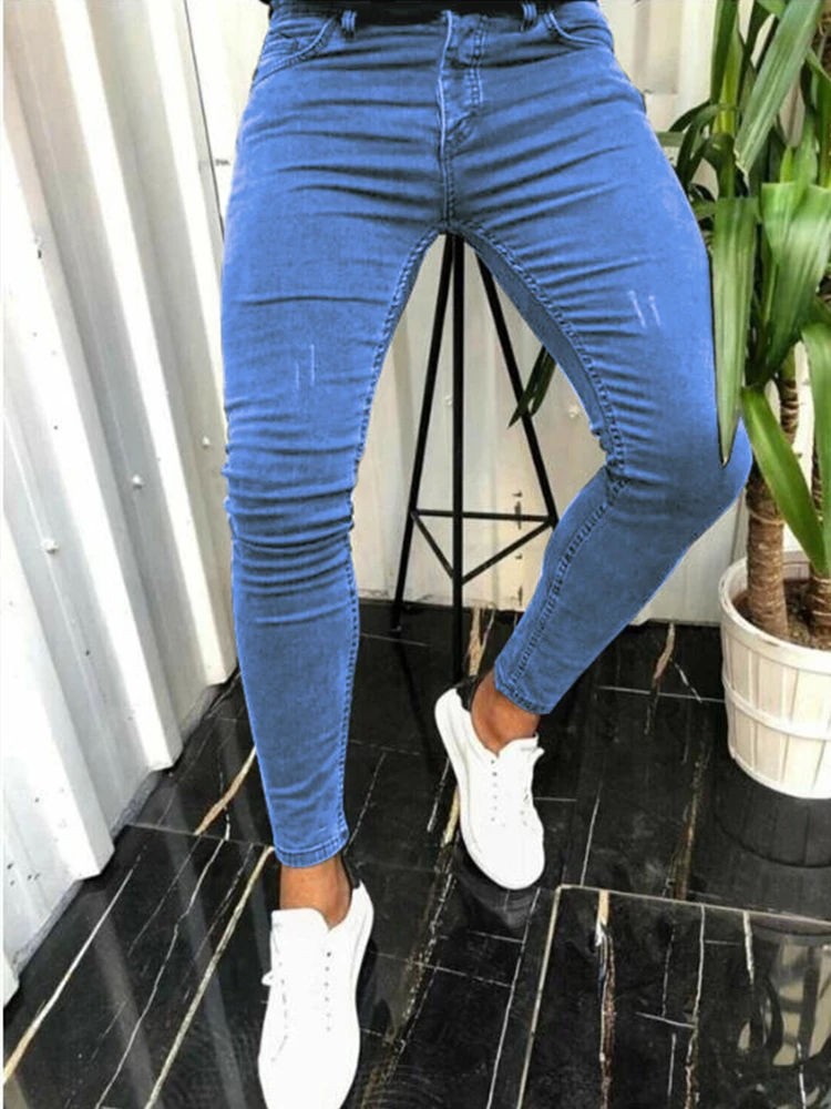 Pantalones vaqueros rasgados ajustados para hombre, jeans ajustados de escarificación azul, pantalones pitillo de hip hop de calle, de vaquero para hombre|Pantalones vaqueros| AliExpress