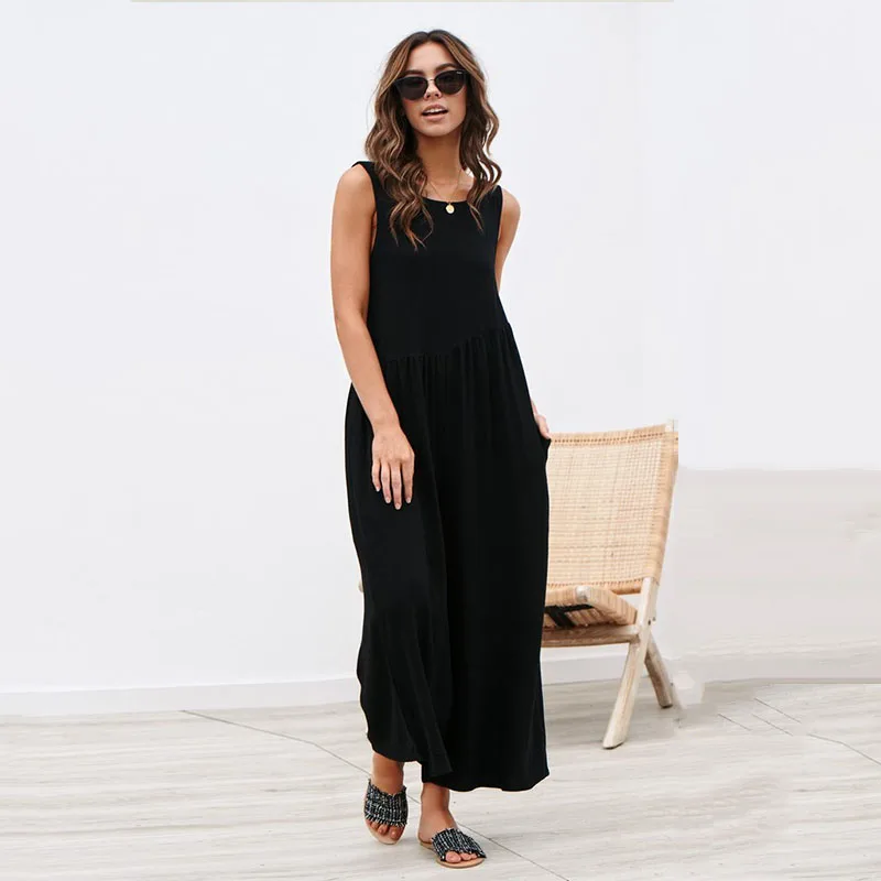 

2019 White Elegant High Waisted Wide Leg Solid Color Loose Jumpsuit Women Summer Casual Sleeveless Rompers Long Bodysuit
