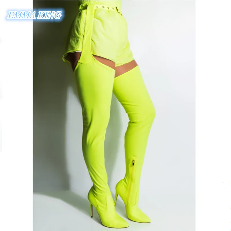

Neon Green Stretch Stilettos Thigh High Boots Women 2019 New Pointed Toe Waist Buckle Over Knee Boots Side Zip High Heels Shoes