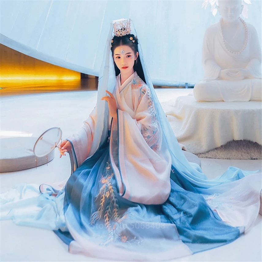 Элегантный Hanfu для женщин вышивка сетки 6 м большие качели Феникс Вышивка Hanfu градиент цвета платье феи для девочек представление