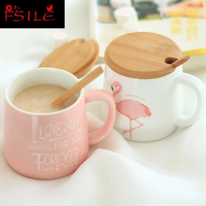 

350ml Cute Pink Flamingo Ceramic Coffee Mug with Lid and Spoon Coffee Milk Tea Water Cups Creative Gifts