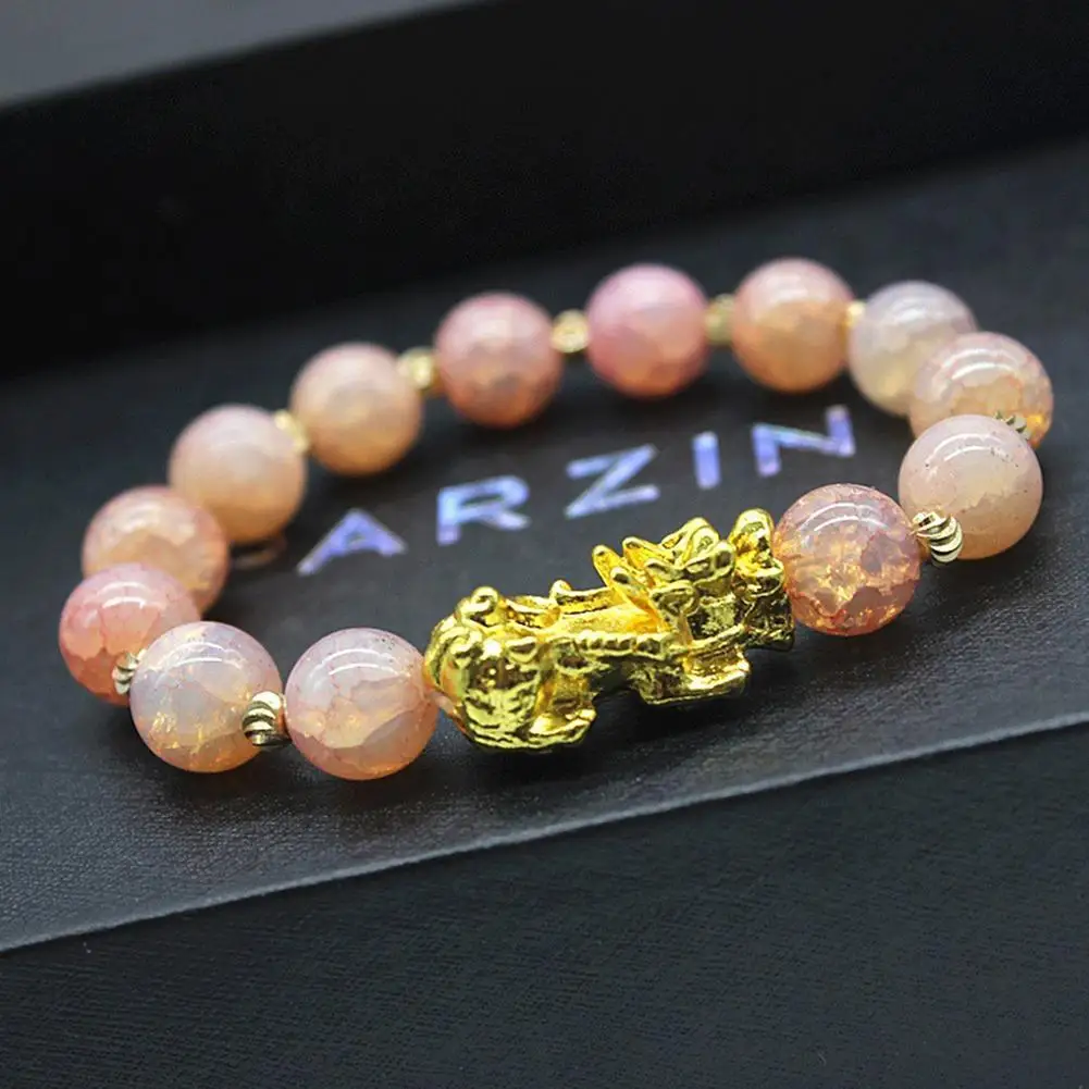 Feng Shui Golden Pi Yao Pi Xiu Lucky Charm with Red Turquoise Stones Bracelet 