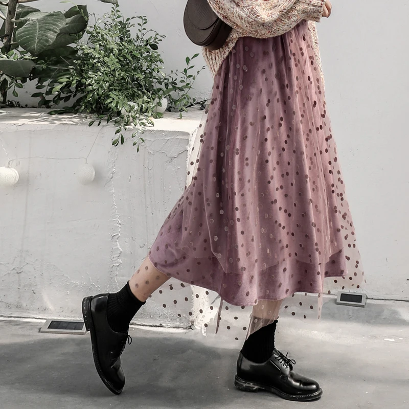 

Velvet wave point high waist long skirt female retro pleated mesh half-length cake skirt