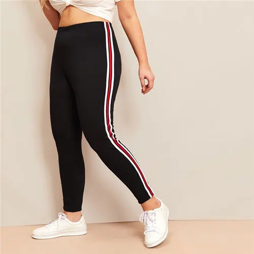 Romwe Sporty Plus Size Contrast Taped Side Leggings Women Gym Running Tights Black Pants Ladies Fitness Yoga Leggins - Цвет: Черный