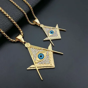 

Hip Hop Rock CZ Zircon Paved Gold Color Stainless Steel Illuminati Eye Freemason Masonic Pendant Necklaces for Men Jewelry