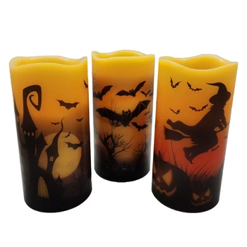

3pcs Halloween Flameless Flickering Candles Battery Operated LED Pillar Light
