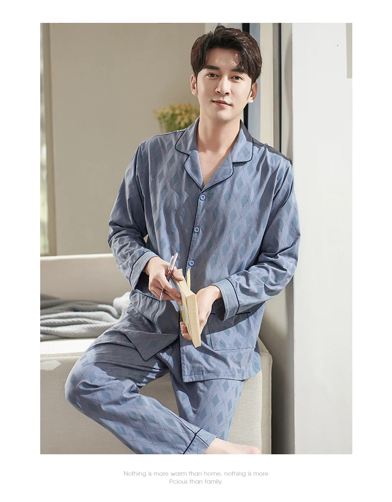 Mens Rhombus Plaid Pajamas For Men Nightwear Long Sleeve Sleep Tops Trousers Cotton Pyjamas Male Sleepwear Set Pijamas Hombre mens sleepwear set