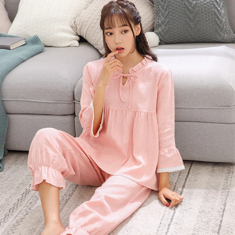 

Women's Pajamas Set 2019 New Autumn Women's Cotton Pajamas Nine Sleeve Large Size Home Service Set Cotton Two-piece Set