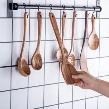

7pcs/set kitchen home Retro Spatula Cooking Utensils Home Lightweight Spoon Kitchen Wooden Durable with Hanging hole
