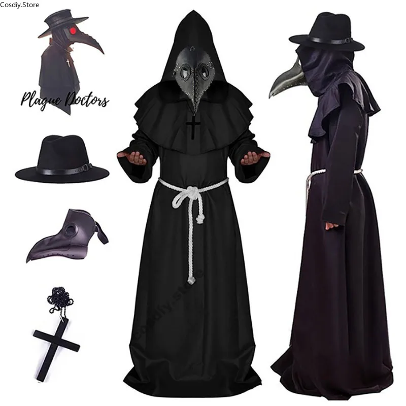 Halloween Plague Doctor Beak Costume Medieval Scary Hood Minister Outfit Carnival Robe Dress For Men Adult Robe Mask Hat