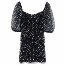 Женское элегантное Плиссированное мини-платье в горошек с пышными рукавами для похудения, осенние женские вечерние платья на молнии сзади DS2953