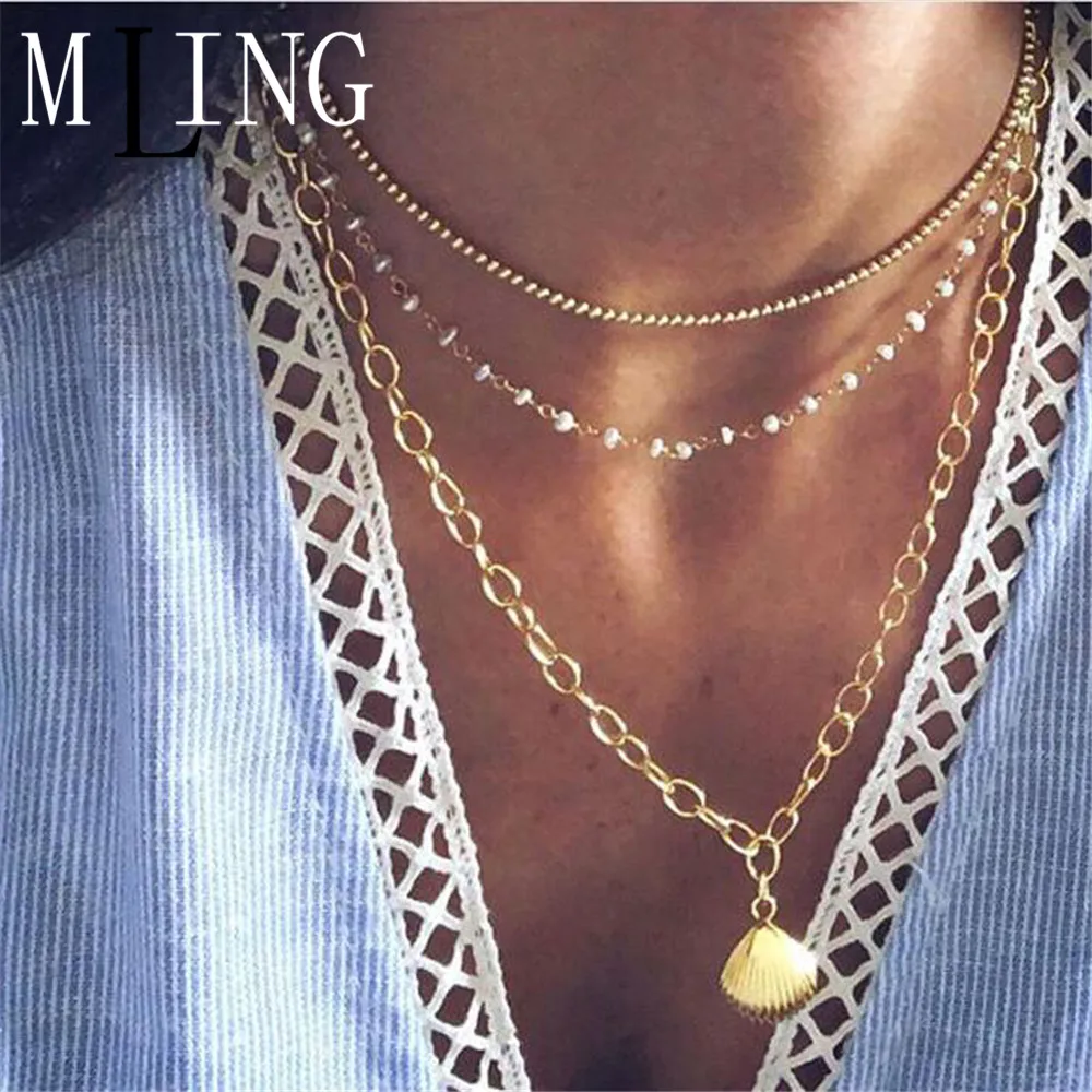 

MLING Vintage Multi-layer Beads Choker Necklace Bohemian Pearl Conch Pendant Necklace For Women