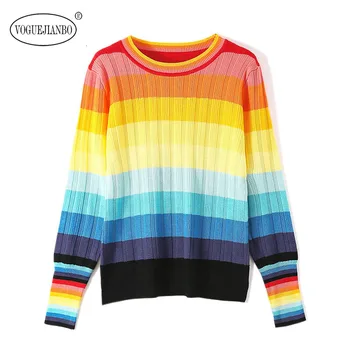 

2019 fall winter kpop rainbow stripe knit sweater women vestidos vestido blusas sexy coat pull femme hiver tops pullover sweter