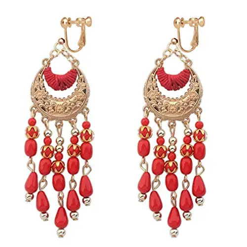 GRACE JUN Handmade Fashion Tassel Clip on Earrings Women's Statement Bohemian Ethic Bead Gold Color No Pierced Vintage Ear Clip ear clip earrings clip earrings ear clip ear accessories