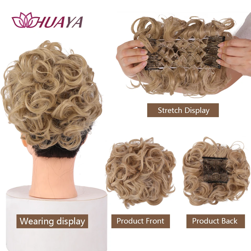 HUAYA Chignon riccio panino disordinato Updo Clip in estensioni per capelli con forcine fascia elastica panino per capelli sintetico biondo nero