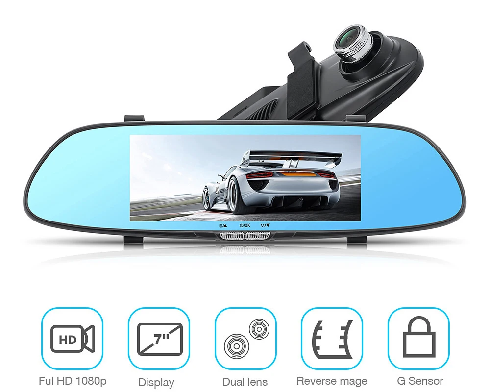Анти-встряхивание 7 ''Full HD 1080p зеркало заднего вида Автомобильный видеорегестратор рекордер ночного видения двойной объектив Dash Cam Автомобильный видеорегистратор