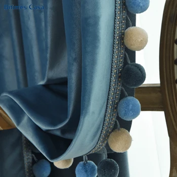 

New Color Velvet Blackout Window Curtain with Pompon Decoration Ball High Shading Solid Color Curtain for Living Room Bedroom