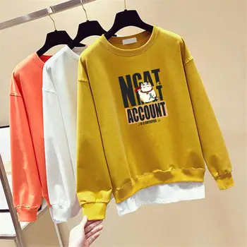 

Women's Cotton Sweatshirt Spring Autumn Korean Version Of The Fake Two-piece Slim Sports Shirt O-Neck Fashion Cartoon print Tops