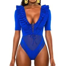 Сексуальный цельный купальный костюм с оборками и синими сетками, купальный костюм с эффектом пуш-ап, купальный костюм для женщин, купальник для пляжа, Женский Бразильский купальный костюм