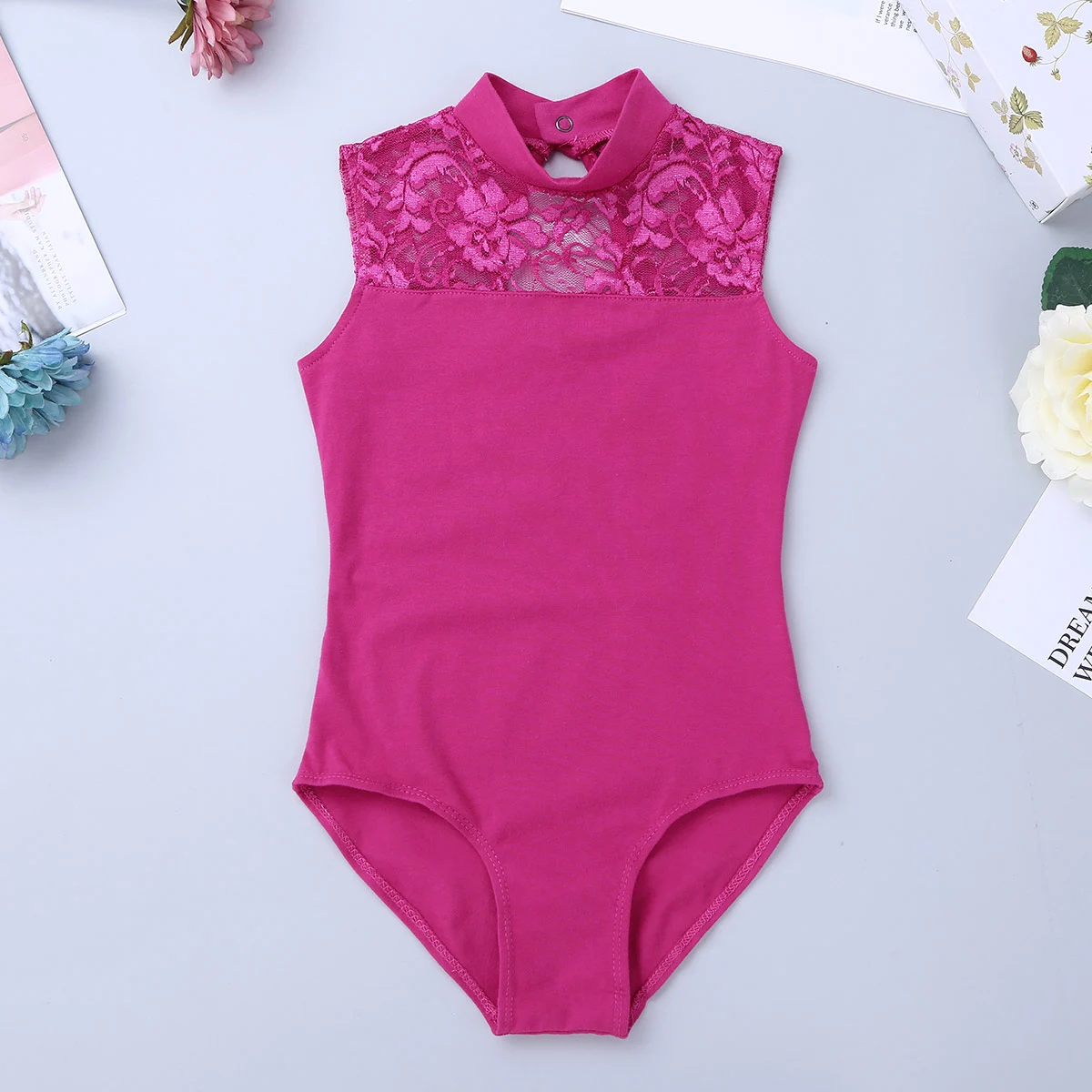Kids Girls Ballet Leotard Sleeveless Mock Neck Lace Dance Gymnastics Yoga Bodysuit Professional Ballerina Performance Costume