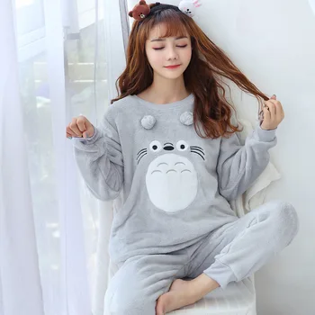 

Women Winter Warm Pajamas Sets Sleepwear Suit Thick Long Sleeve Trousers Female Coral Flannel Cartoon Totoro Animal Homenwear