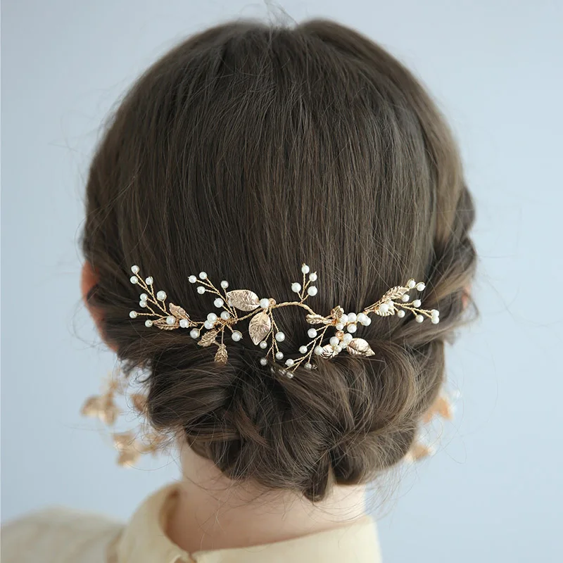 Anniversary Party Jewelry Headband Golden Leaf Bridal Hair Comb Accessories Wedding Side Combs With Pearl