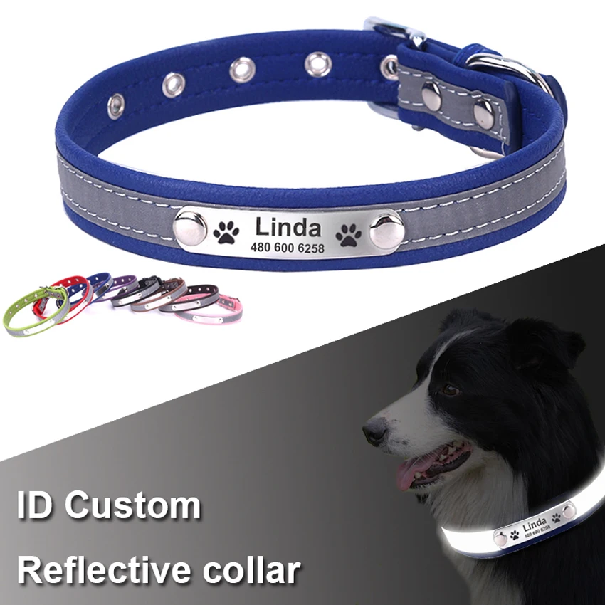 

Personalized Dog Collar Leather Reflective Dogs Cat Collar ID Custom Tag Engraved For Puppy Large Dog Collars Pet accessories