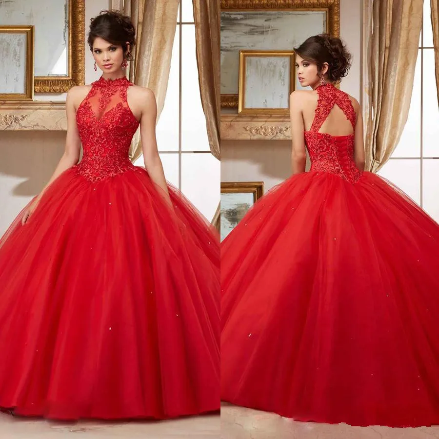 

Elegant Princess red Ball Gown Quinceanera Dress Halter Beautiful Masquerade Sweet 16 Dresses vestidos de 15 anos