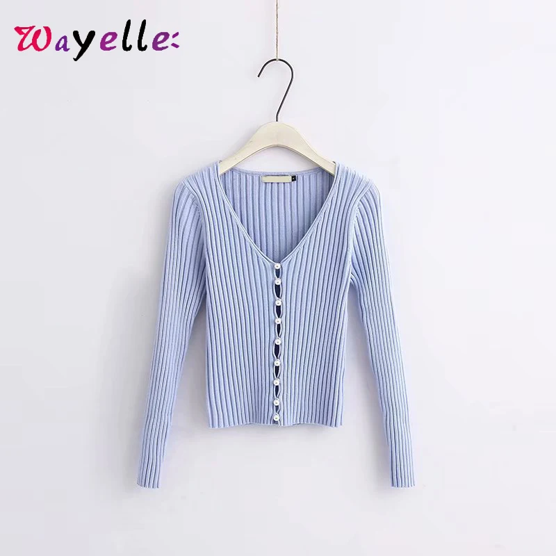 

Knit Sweater Women 2019 Fall Pearl Button V-Neck Pullovers Sweaters Elegant Long Sleeve Slim Women Tops Korean Sweet Sweaters