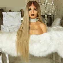 

JONETING 33Inch 13x1 Lace Front Wigs Ombre Blonde High Temperature Fiber Long Straight Synthetic Hair Wig Brown Peruca for Women