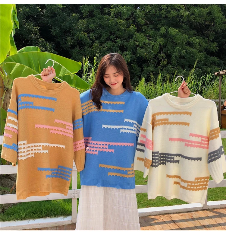 Trytree Winter Women Casual Sweater O-neck Lantern Sleeve Computer Knitted Geometric Knitted Loose Office Lady Sweater Top