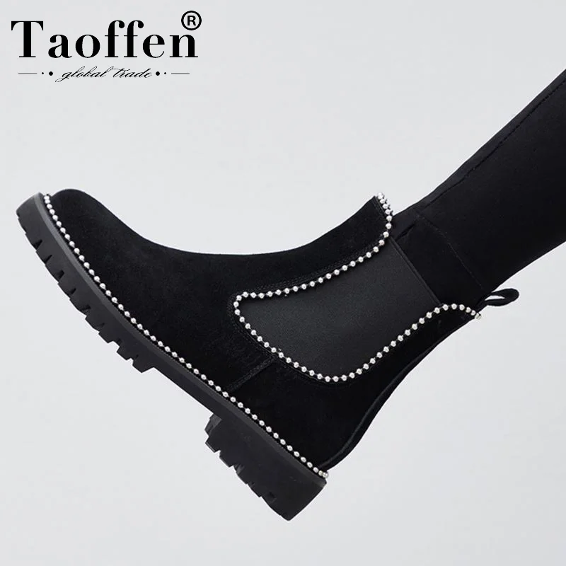 Taoffen Size 34-41 Women Genuine Leather Beads Ankle Boots Chelsea Office Work Party Casual Short Boots Flats Daily Footwear