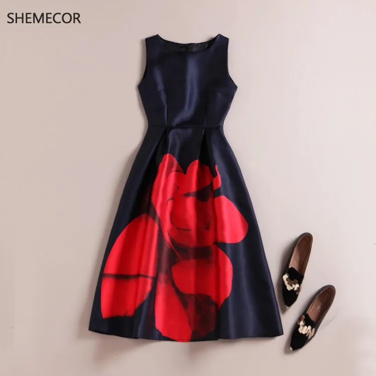 23 SHEMECOR, осень, новое женское платье Mori Girl, свежий стиль, цветок лотоса, цветочный принт, высокая талия, ТРАПЕЦИЕВИДНОЕ платье без рукавов, голубое, розовое, размера плюс - Цвет: 23