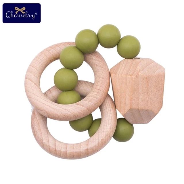 Green Bracelet 1 шт., детский браслет Teethe Woden, Ювелирное Украшение из бука, деревянное кольцо, персонализированные детские силиконовые бусины, детская коляска-погремушка, Товары для детей - Цвет: Green Bracelet