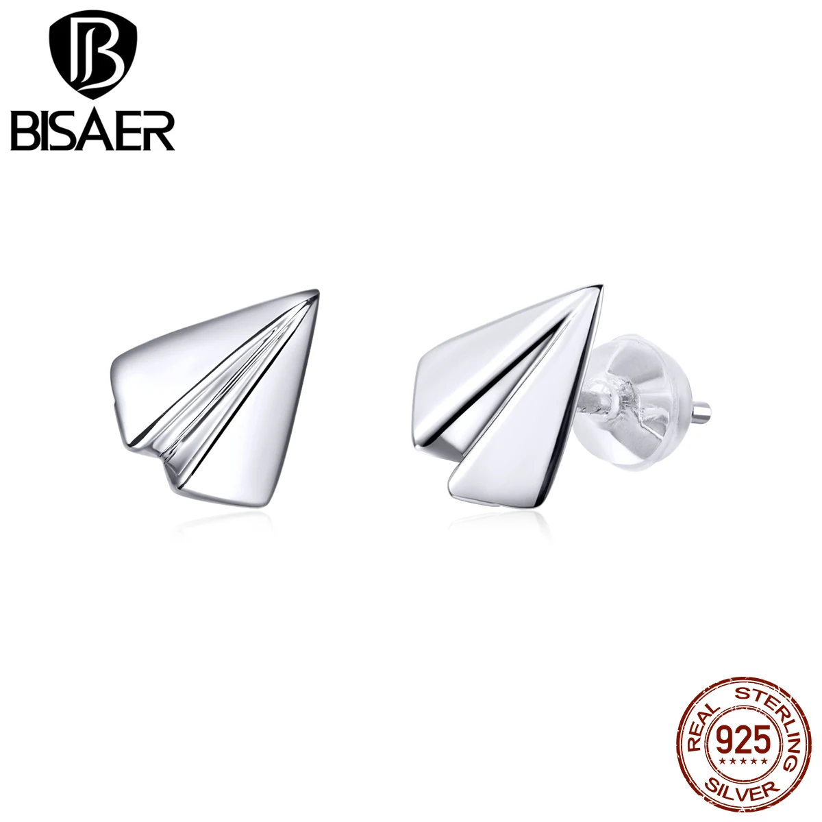 

BISAER Paper Plane Earrings Authentic 925 Sterling Silver Paper Plane Small Women Earrings Stud Sterling Silver Jewelry HVE335