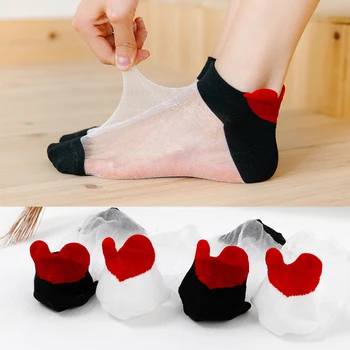 

1 Pair Women Socks Cotton Summer New Female Blingbling 3D Red Heart Cute Thin Ankle Socks Black White Solid Lovely Socks