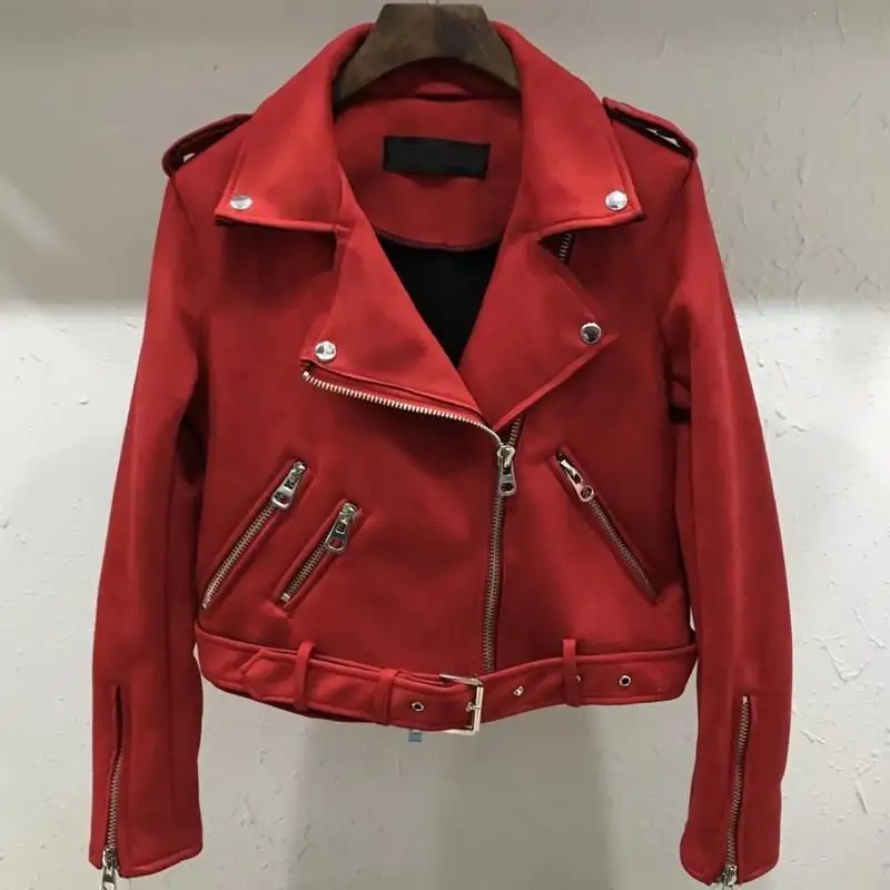 New Suede Leahter Jacket Women Fall Zipper Vintage Biker Jacket Ladies Turn-Down Collar Belt Short Coats Outwear