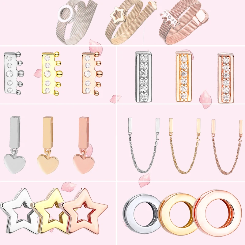 

FEOLEO Genuine 925 Sterling Silver Clip Charms fit Original Pandora Reflexions Bracelets for Women Rose Gold Color Jewelry
