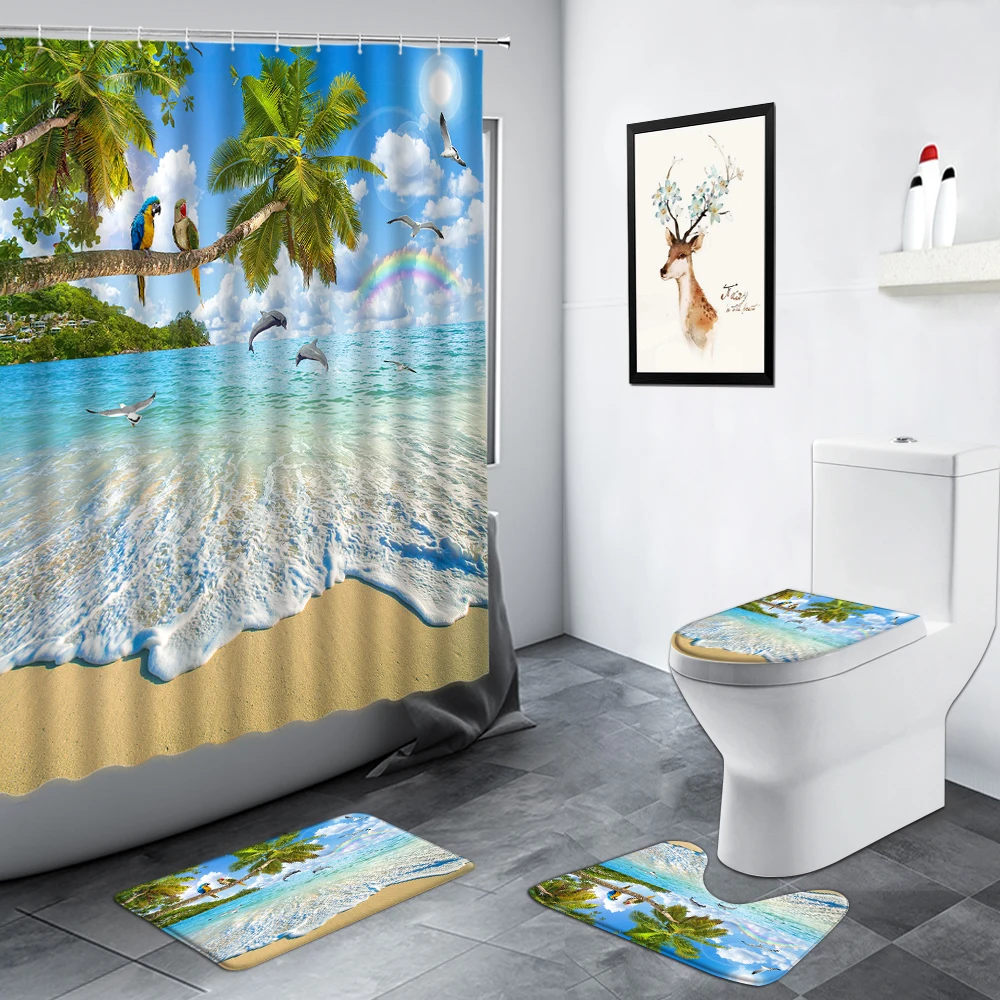 

Coconut Trees Parrot Ocean Landscape Shower Curtains Dolphin Beach Wave Summer Scenery Bathroom Decor Non-slip Rug Bath Mats Set