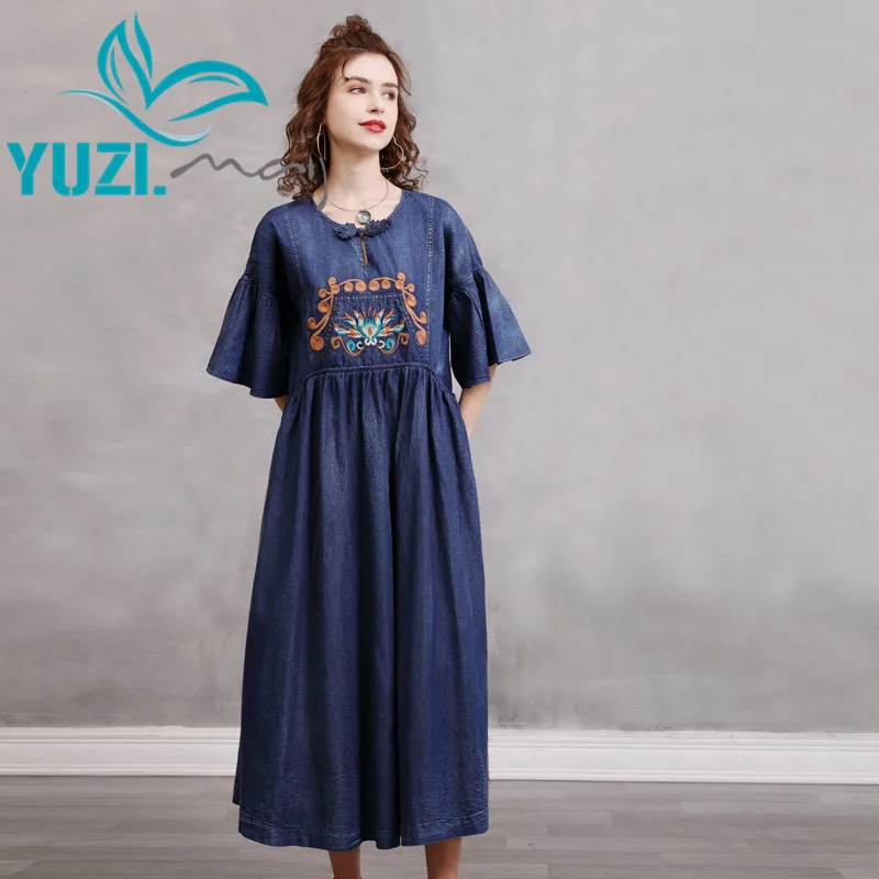 

Summer Dress 2021 Yuzi.may Boho New Denim Women Dresses O-Neck Vintage Embroidery Flare Sleeve Loose Vestidos A82336 Vestido