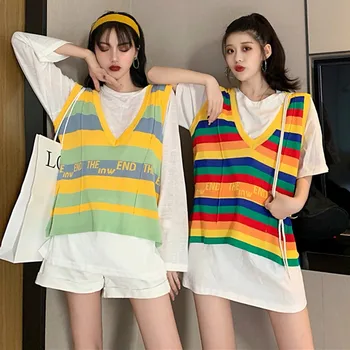 

Knit sweater vest Women Summer Sexy Deep V-neck Knit Knit Loose Sleeveless Slim Stripes Color Matching Camisole Vest New Arrival