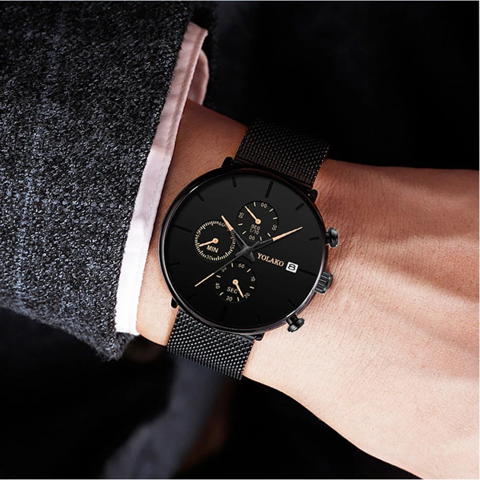 Men's Fashion Watch Stainless Steel Mesh Belt Calendar Quartz Sport Watches Business Casual Watch for Man Clock Montre Homme Top