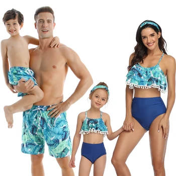 

Leaf Swimsuit Family Matching Outfits Look Mother Daughter Swimwear Mommy and Me Bikini Dress Clothes Father Son Swimming Shorts
